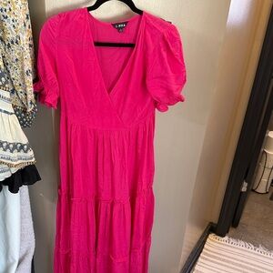 J.NNA Hot Pink Maxi Dress with V-Neck and Puff Sleeves (maternity dress)